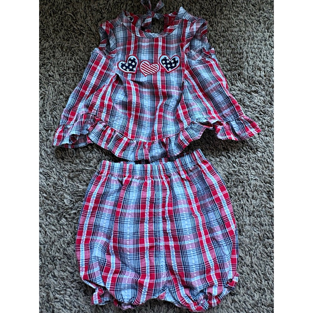 Duck Head VTG Baby Girls 2-Piece Red/White/Blue Plaid Ruffle Top & Bloomer 0-3M